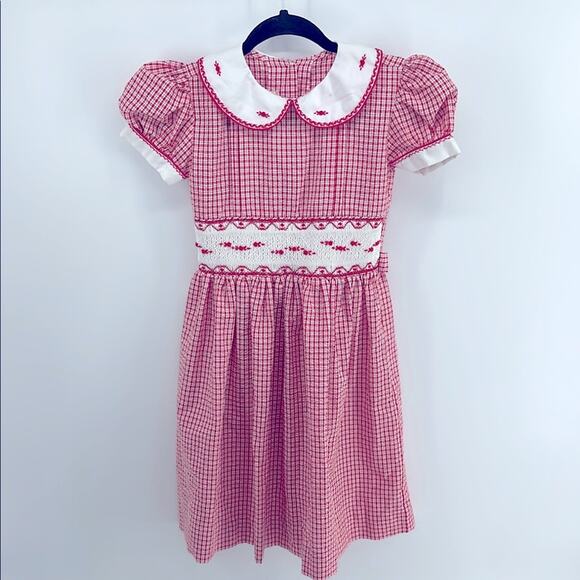 Vintage Bea plaid seersucker smocked waist embroidered puff sleeve dress sz 8